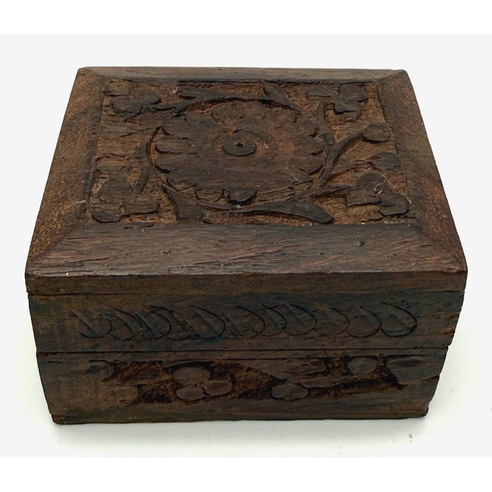 Vintage Orante Small Wooden Carved Trinket Box  Made in INDIA 3" x 2.5" x 1.75"